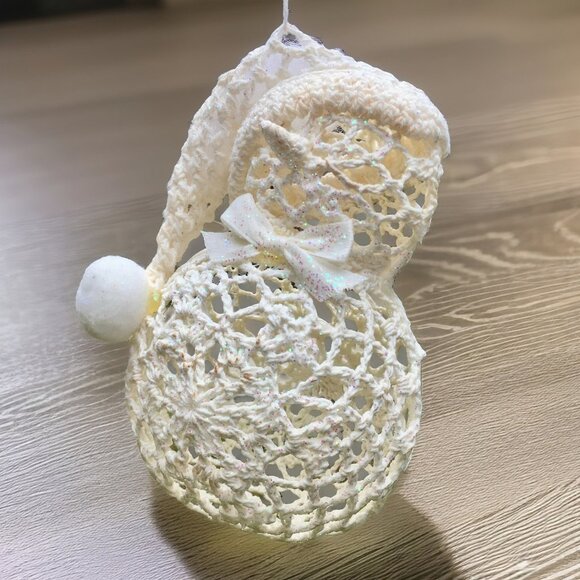 Handmade Crochet Snowman Ornament – Glitter Accents – Vintage Charm – Needs TLC - Picture 2 of 10